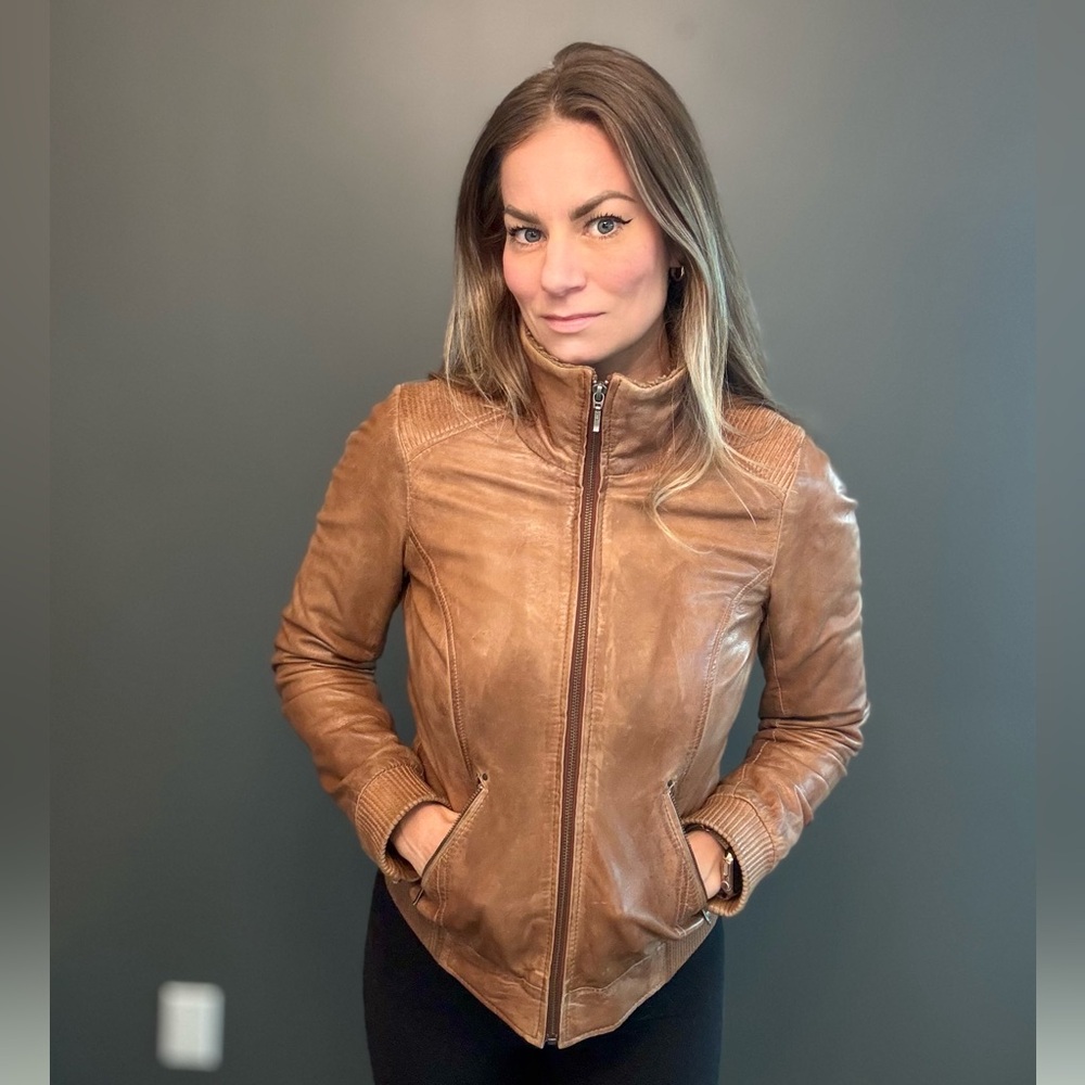 Danier Brown Leather Motorcycle Jacket with Stand-Up Collar